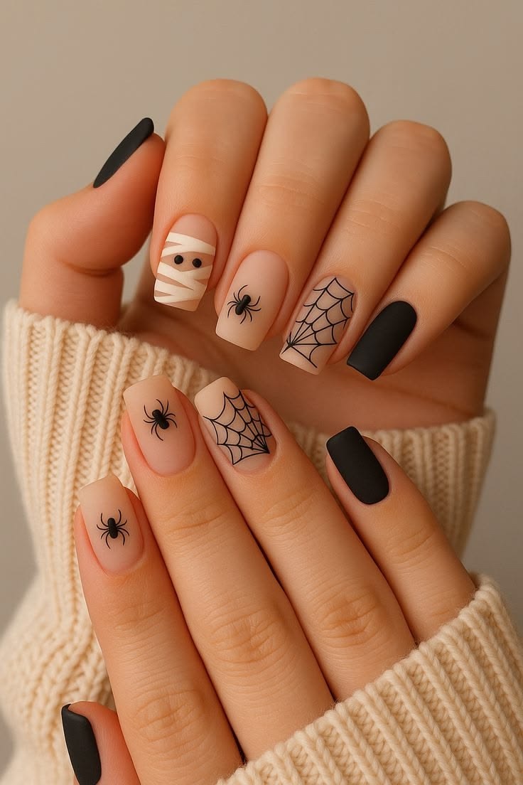 Referencia de uñas mate con arañas y telarañas negras