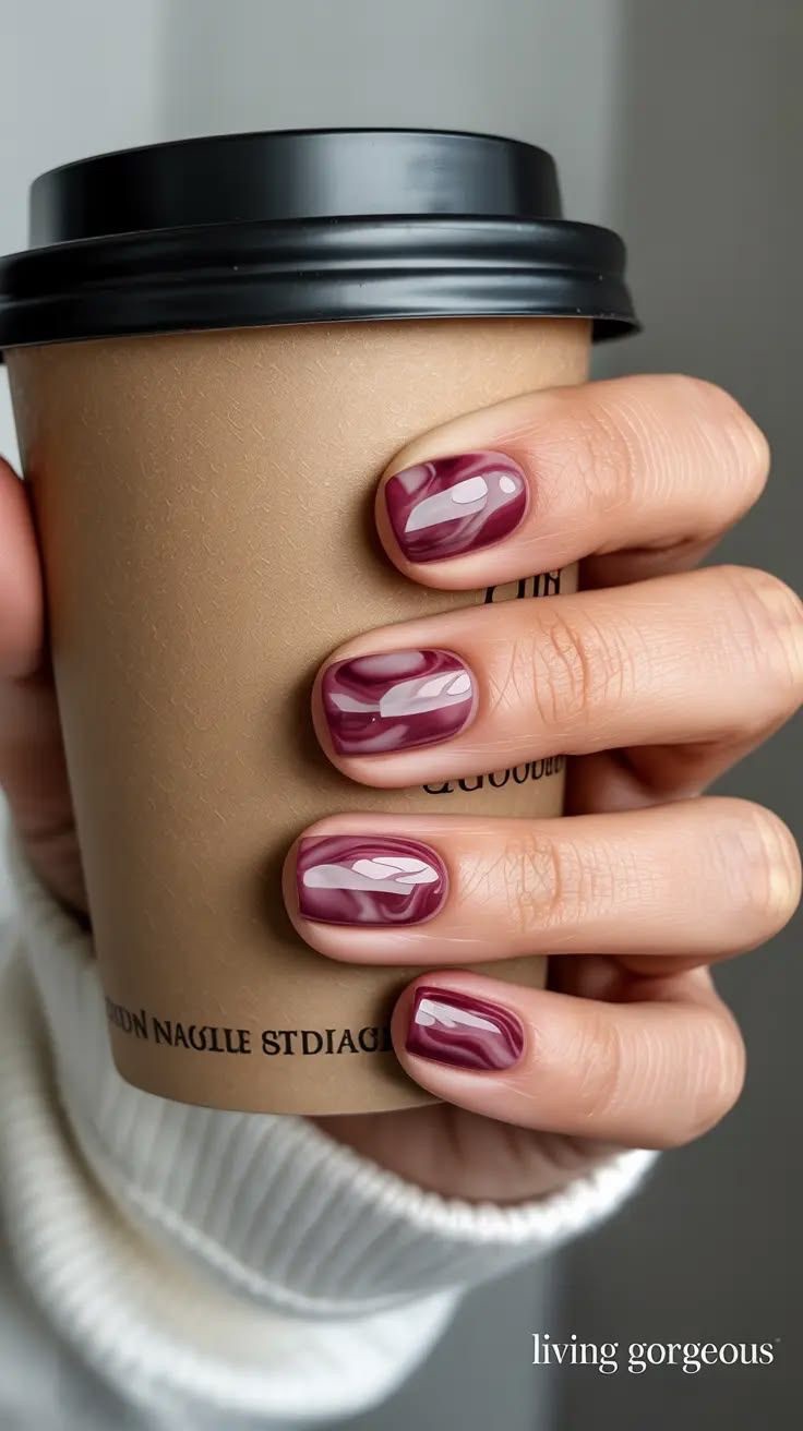 Referencia de uñas cortas con diseño marmoleado color vino