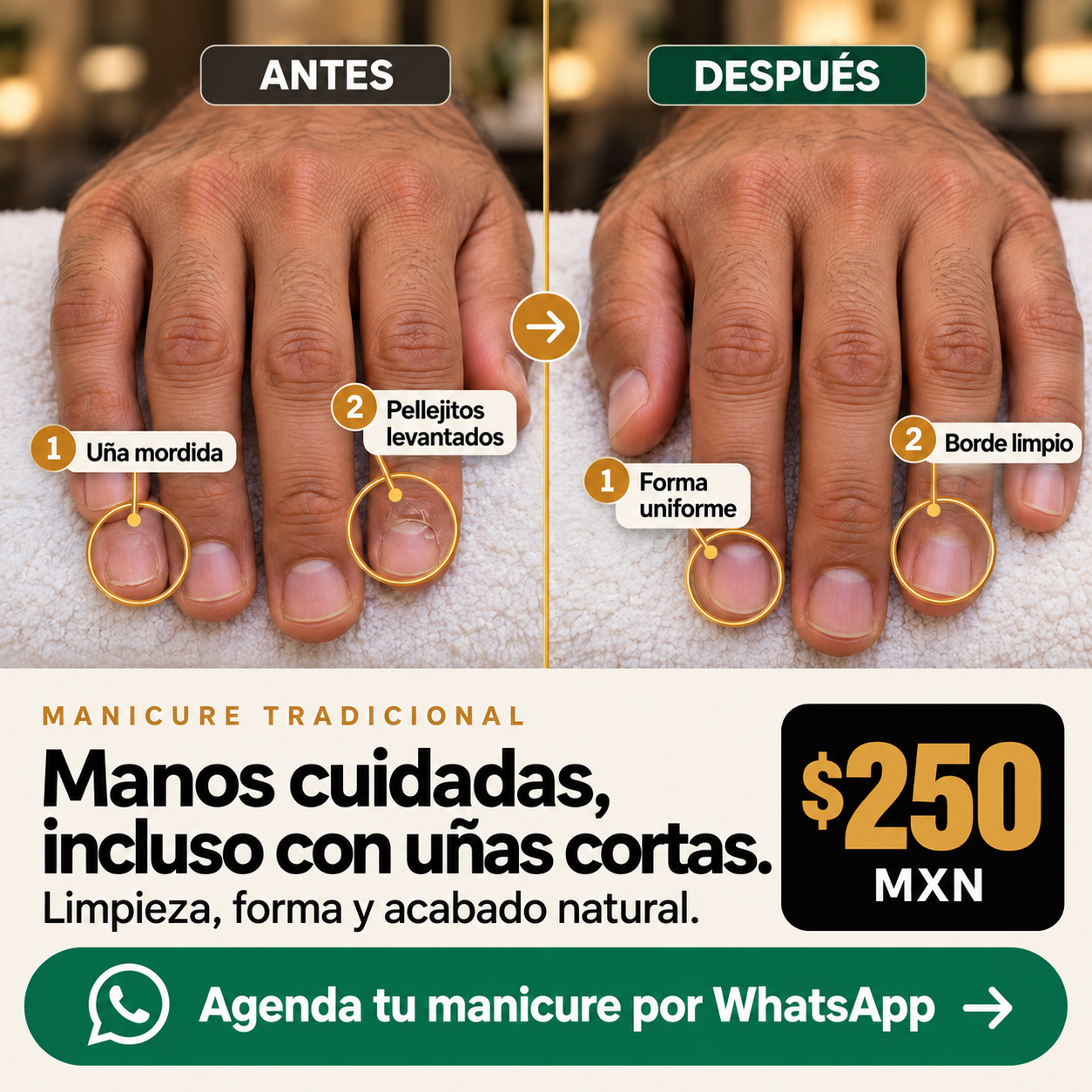Manicure tradicional con manos antes y después